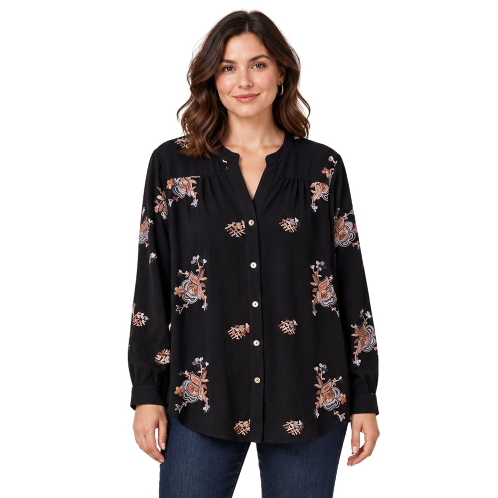 Anthropologie Fig & Flower Top XL Black Floral Embroidered Button Blouse Boho